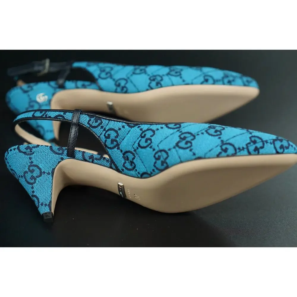 Gucci Charlotte Blue Canvas GG Strap Pointed Toe Slingback Pumps Size 37 $695